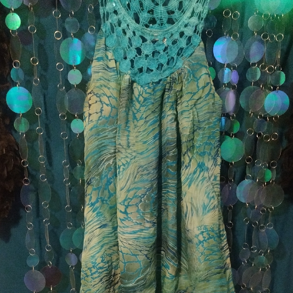 Teal Crochet Yoke Top with Green and Light Yellow Pattern